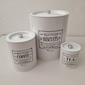 Distressed Metal Kitchen Canisters‎ Set Of 3 Biscuits, Coffee, Tea British NIB
